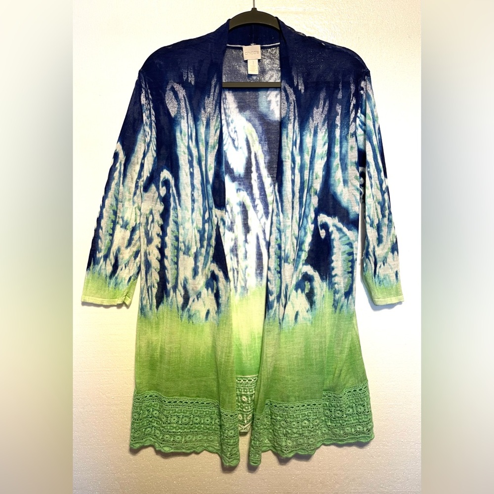 Chico's Blue and Green Paisley Crochet Bottom Cardigan Size Chico’s 1
